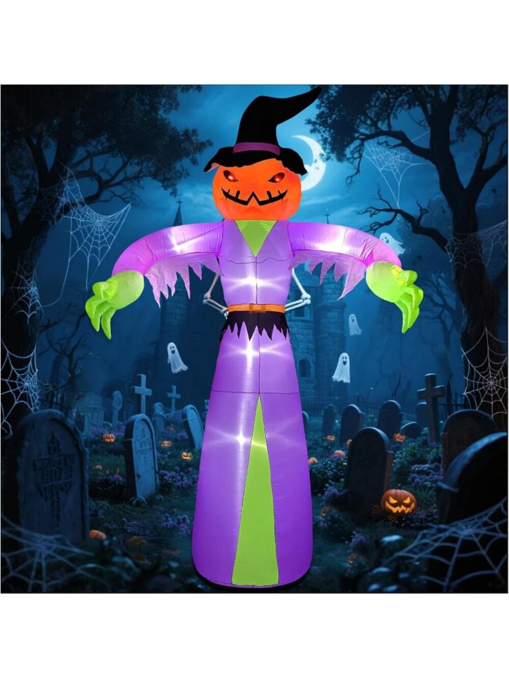 🎃12FT Giant Halloween Inflatables Pumpkin Ghost with Witch Hat with LED Lights